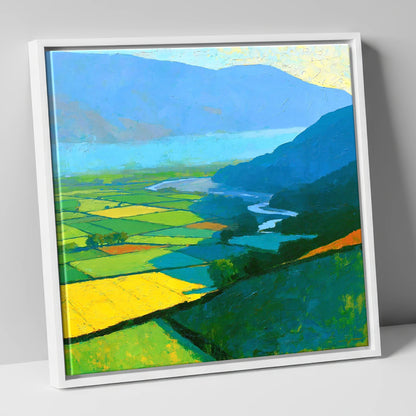 Sunlit Valley Fields and Winding River lake district sky canvas wall art in white frame