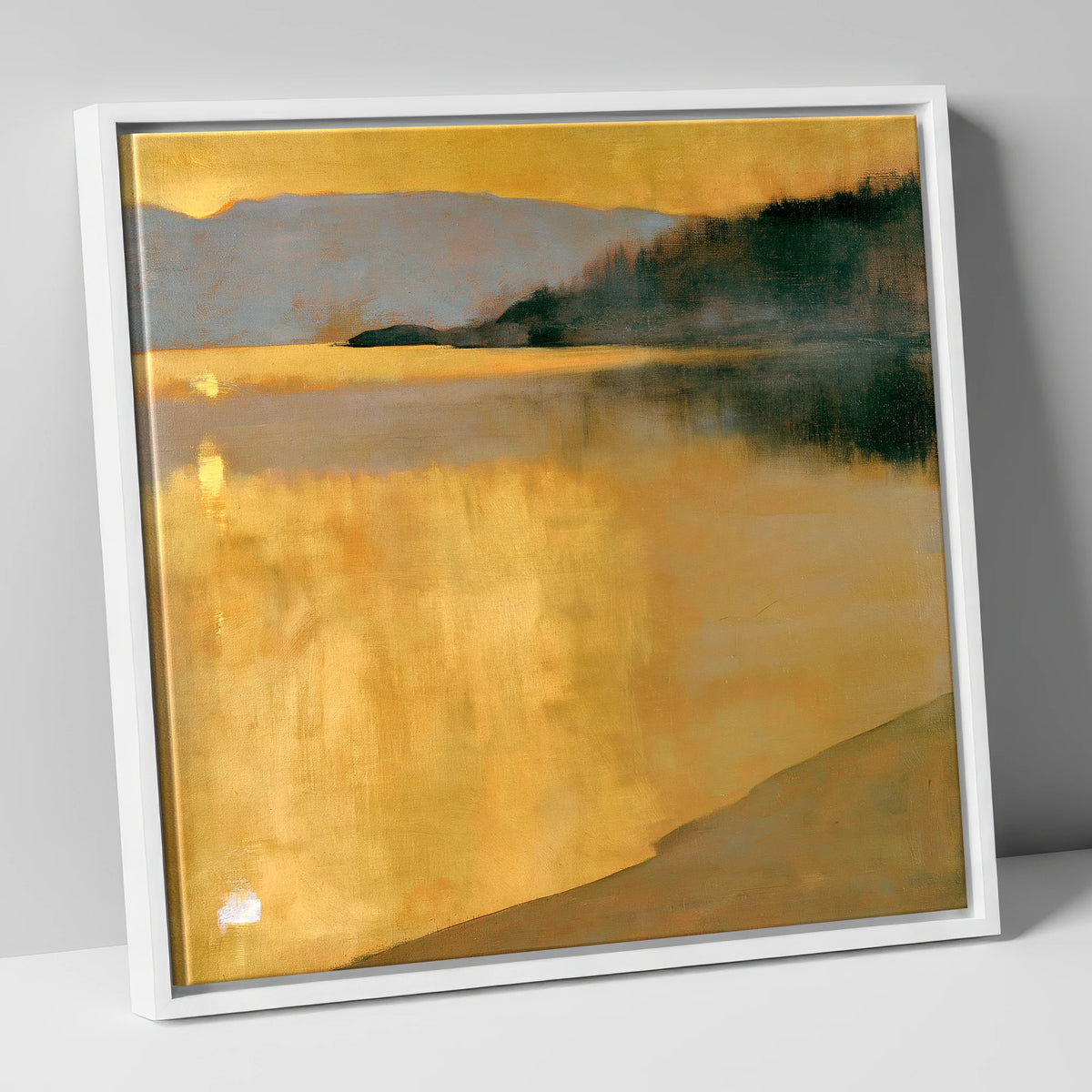 Golden Sunrise on the Lake lake district lake canvas wall art in white frame