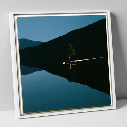 Illuminated Shore on Calm Lake lake district lake canvas wall art in white frame