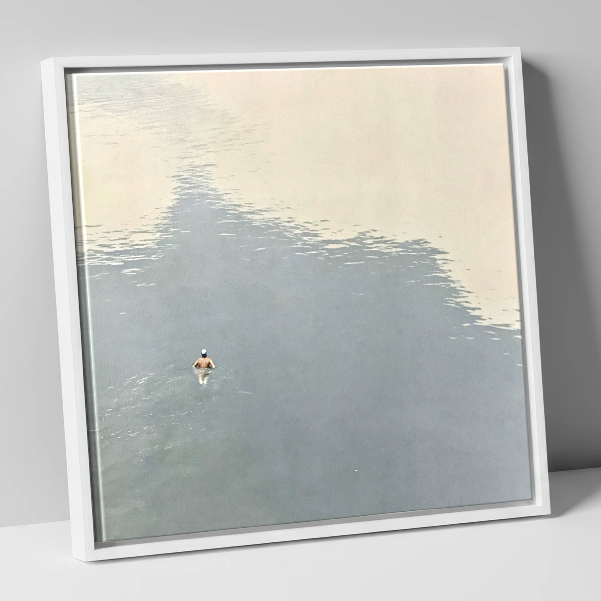 Lone Swimmer on Windermere windermere wall art canvas wall art in white frame