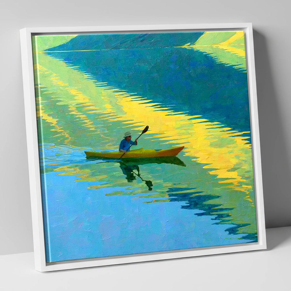 Kayaker on Vibrant Golden Water Reflections lake district walking canvas wall art in white frame