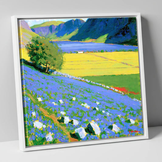 Rannerdale Bluebells and Crummock Water lake district lake canvas wall art in white frame