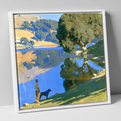 Sunlit Rydal Water Dog Walk gifts for dog walkers canvas wall art in white frame