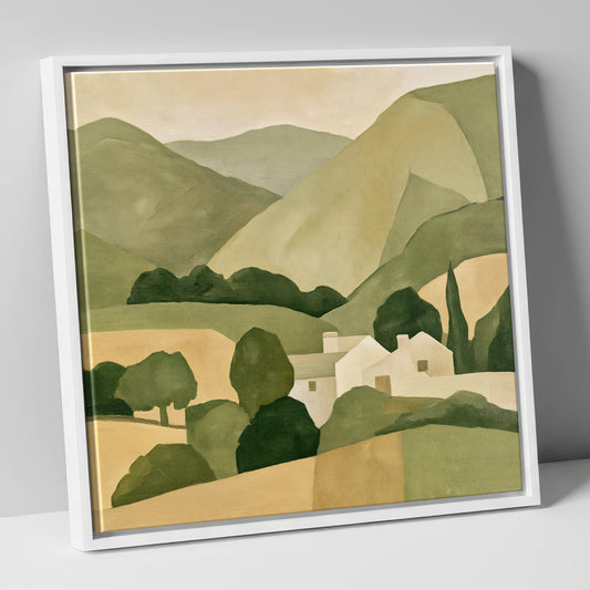 Earthy Green Valley and Fells lake district valley canvas wall art in white frame