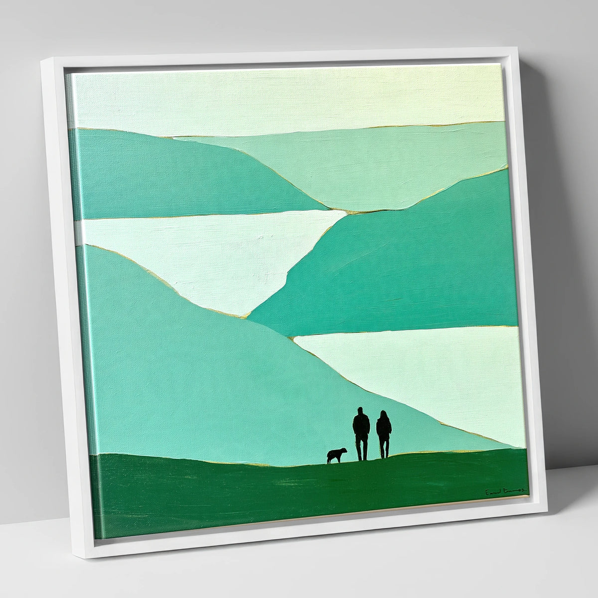 Glenridding Walkers in Teal Fells gifts for dog walkers canvas wall art in white frame