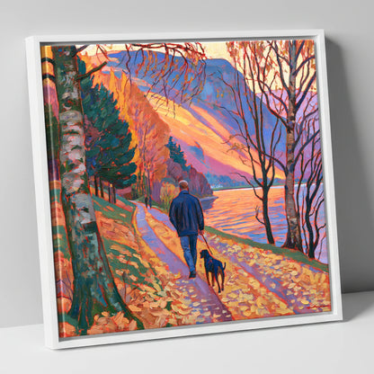 Autumn Dog Walk at Glenridding gifts for dog walkers canvas wall art in white frame