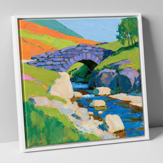 Vibrant Stone Bridge Over Beck lake district waterfall canvas wall art in white frame