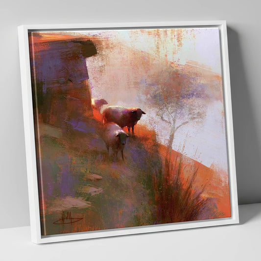 Herdwick Sheep in Fellside Mist lake district wildlife canvas wall art in white frame