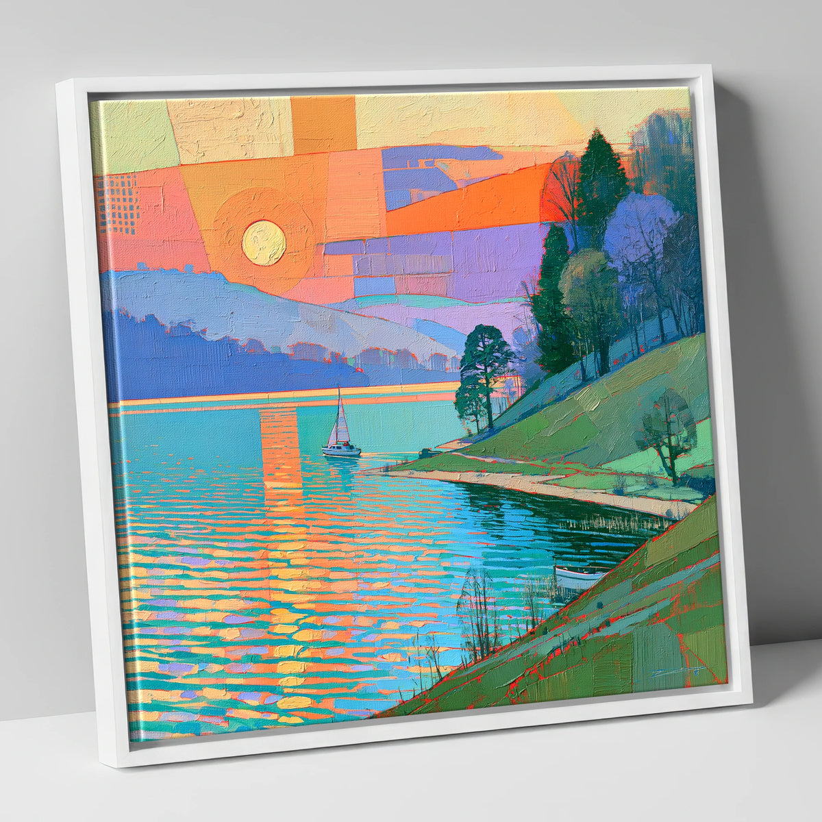 Orange Sunset Over Lakeland Water lake district lake canvas wall art in white frame