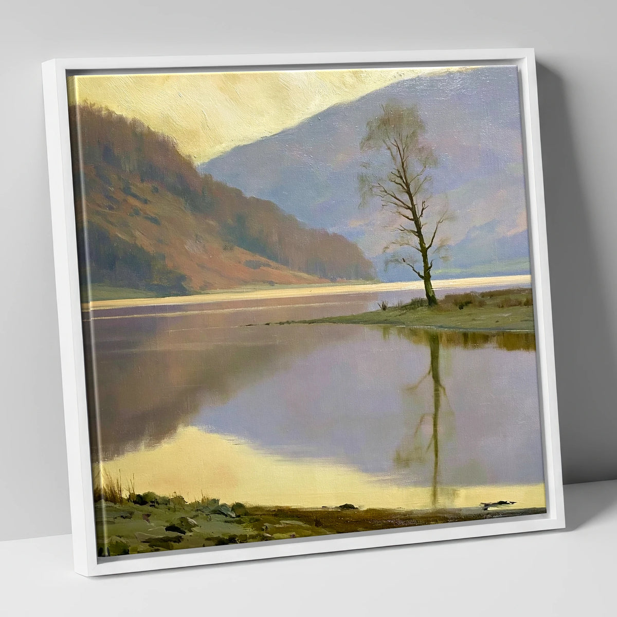 Lone Tree at Bassenthwaite Lake lake district lake canvas wall art in white frame