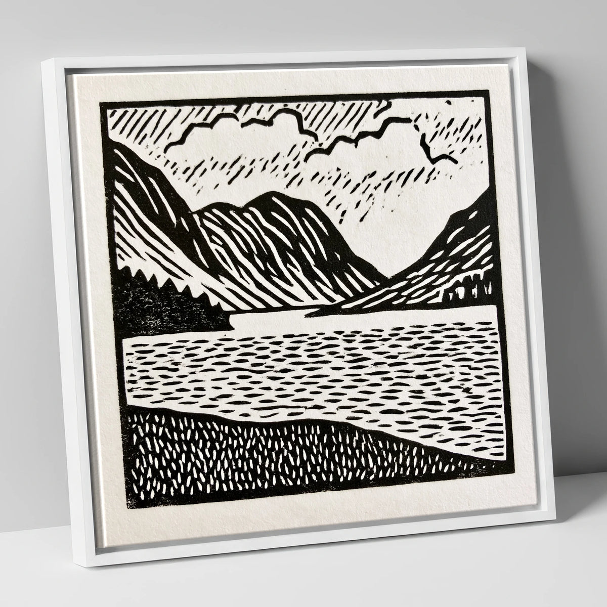Monochrome Crummock Water Landscape lake district lake canvas wall art in white frame
