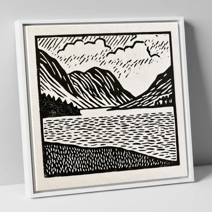 Monochrome Crummock Water Landscape lake district lake canvas wall art in white frame