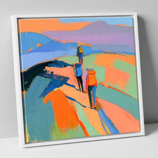 Vivid Hikers on a Fell Ridge lake district fell canvas wall art in white frame