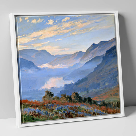 Morning Mist Over Blue Fells lake district sky canvas wall art in white frame