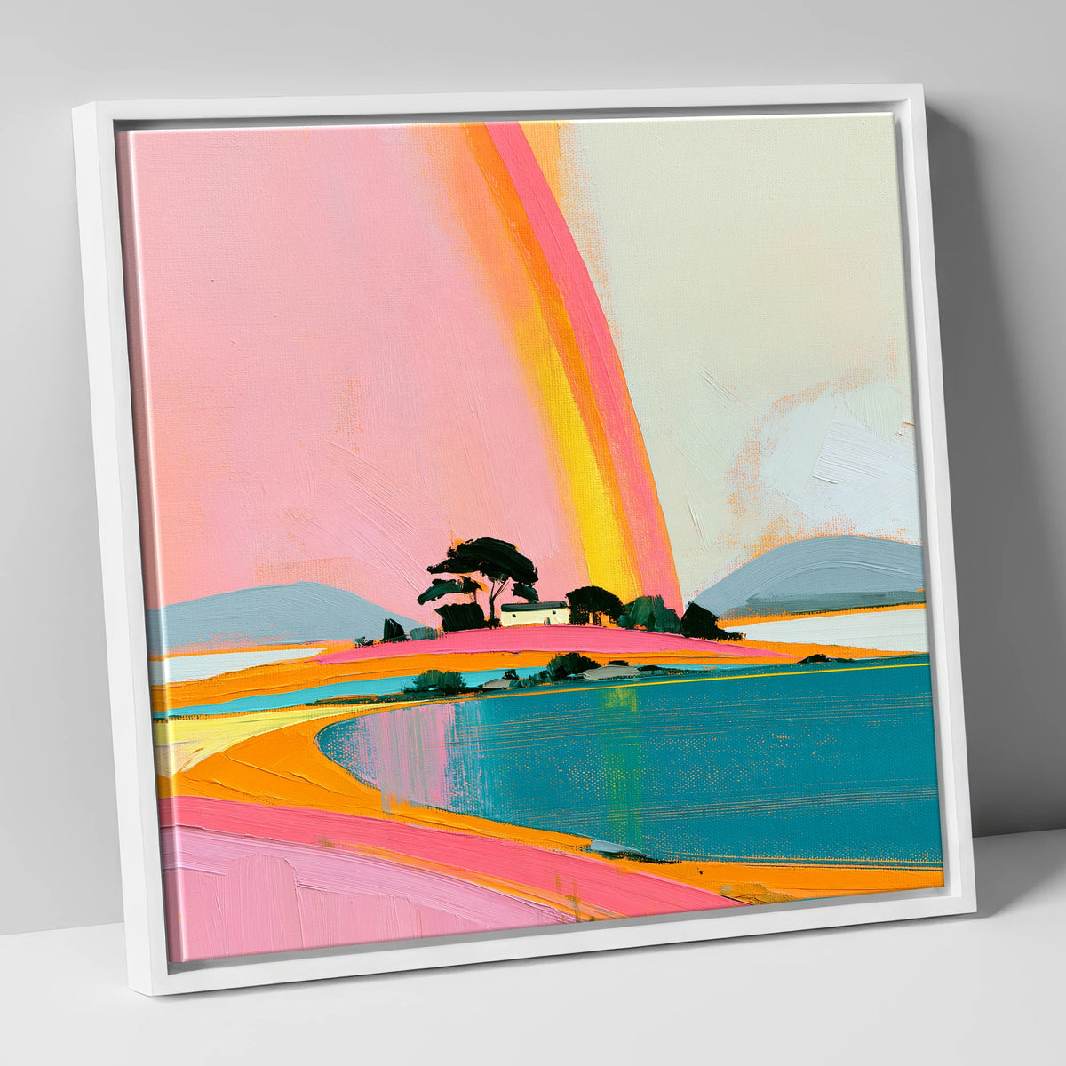 Bold Rainbow Over the Lake lake district sky canvas wall art in white frame