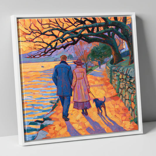 Sunset Dog Walk at Hawkshead gifts for dog walkers canvas wall art in white frame