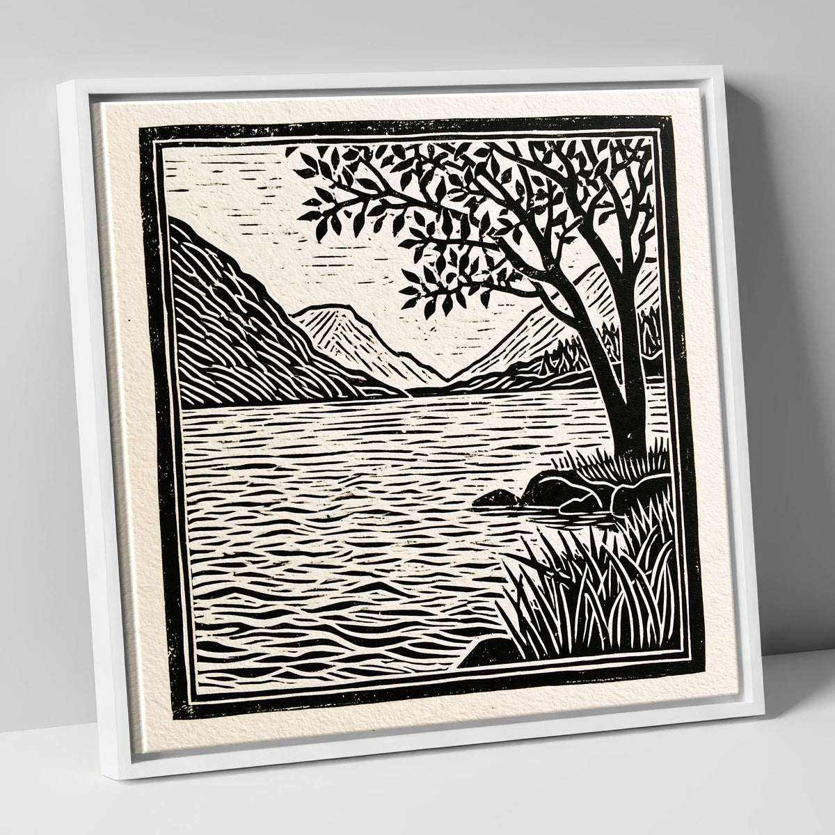 Graphic Lake Fells at Dawn lake district lake canvas wall art in white frame