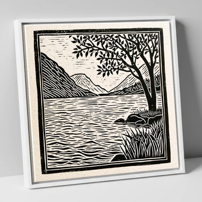Graphic Lake Fells at Dawn lake district lake canvas wall art in white frame
