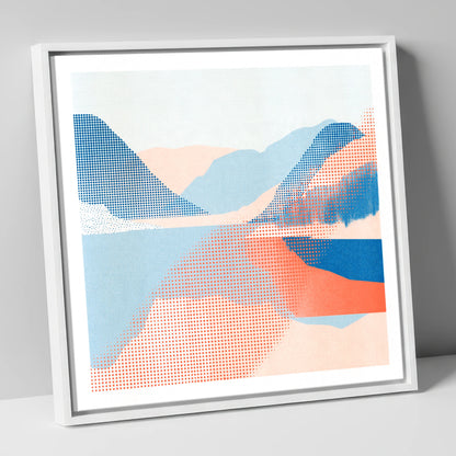 Abstract Halftone Buttermere Fells lake district lake canvas wall art in white frame