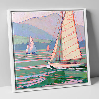 Vivid Yachts on a Breezy Lake lake district walking canvas wall art in white frame