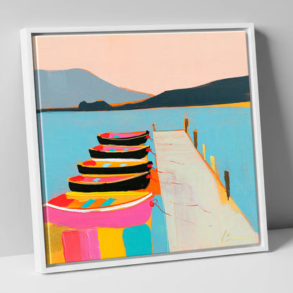 Vibrant Moored Boats on Windermere lake district lake canvas wall art in white frame