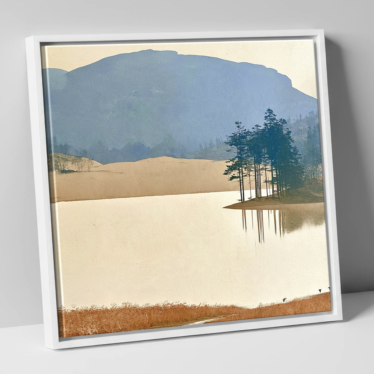 Reflected Pines at Tarn Hows lake district lake canvas wall art in white frame