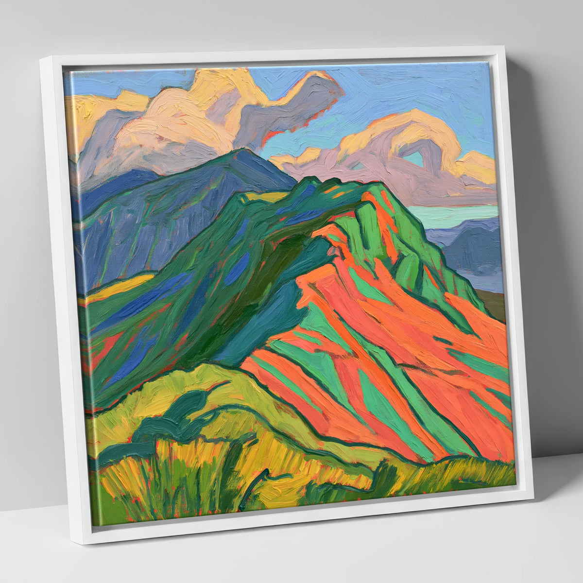 Vibrant Mountain Ridge lake district fell canvas wall art in white frame