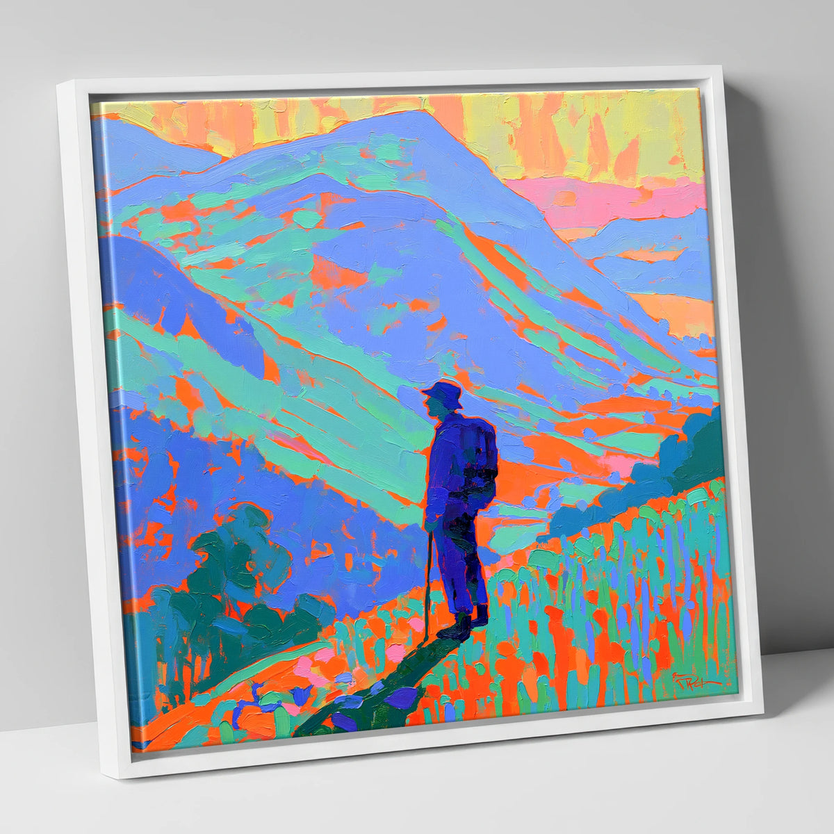 Vibrant Fell Walker Silhouette lake district walking canvas wall art in white frame