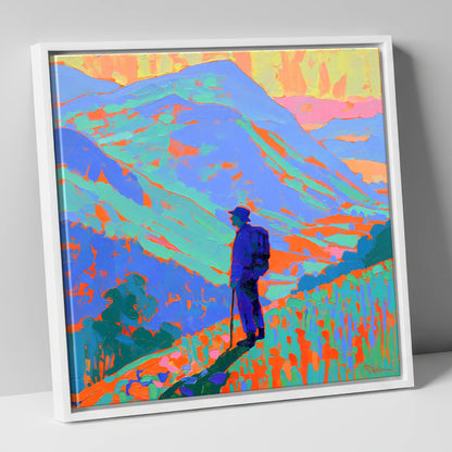 Vibrant Fell Walker Silhouette lake district walking canvas wall art in white frame