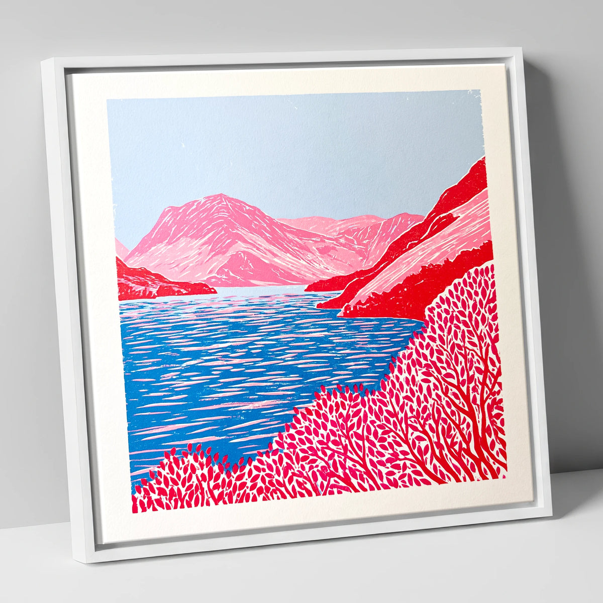 Vibrant Red Crummock Water lake district lake canvas wall art in white frame