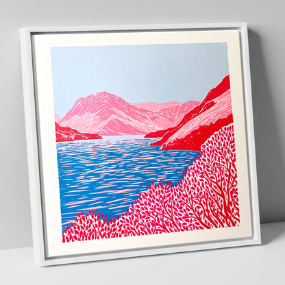 Vibrant Red Crummock Water lake district lake canvas wall art in white frame