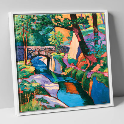 Vibrant Bridge Over Turquoise Beck lake district waterfall canvas wall art in white frame