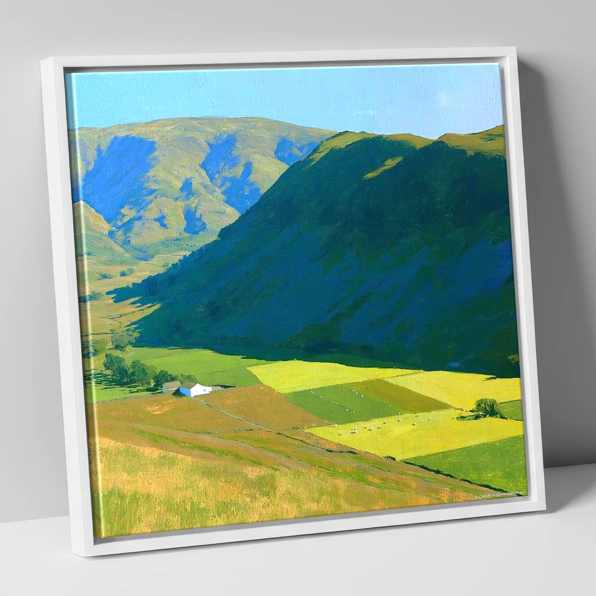 Sunlit Fields Below Steel Knotts lake district fell canvas wall art in white frame