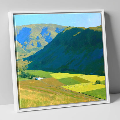 Sunlit Fields Below Steel Knotts lake district fell canvas wall art in white frame