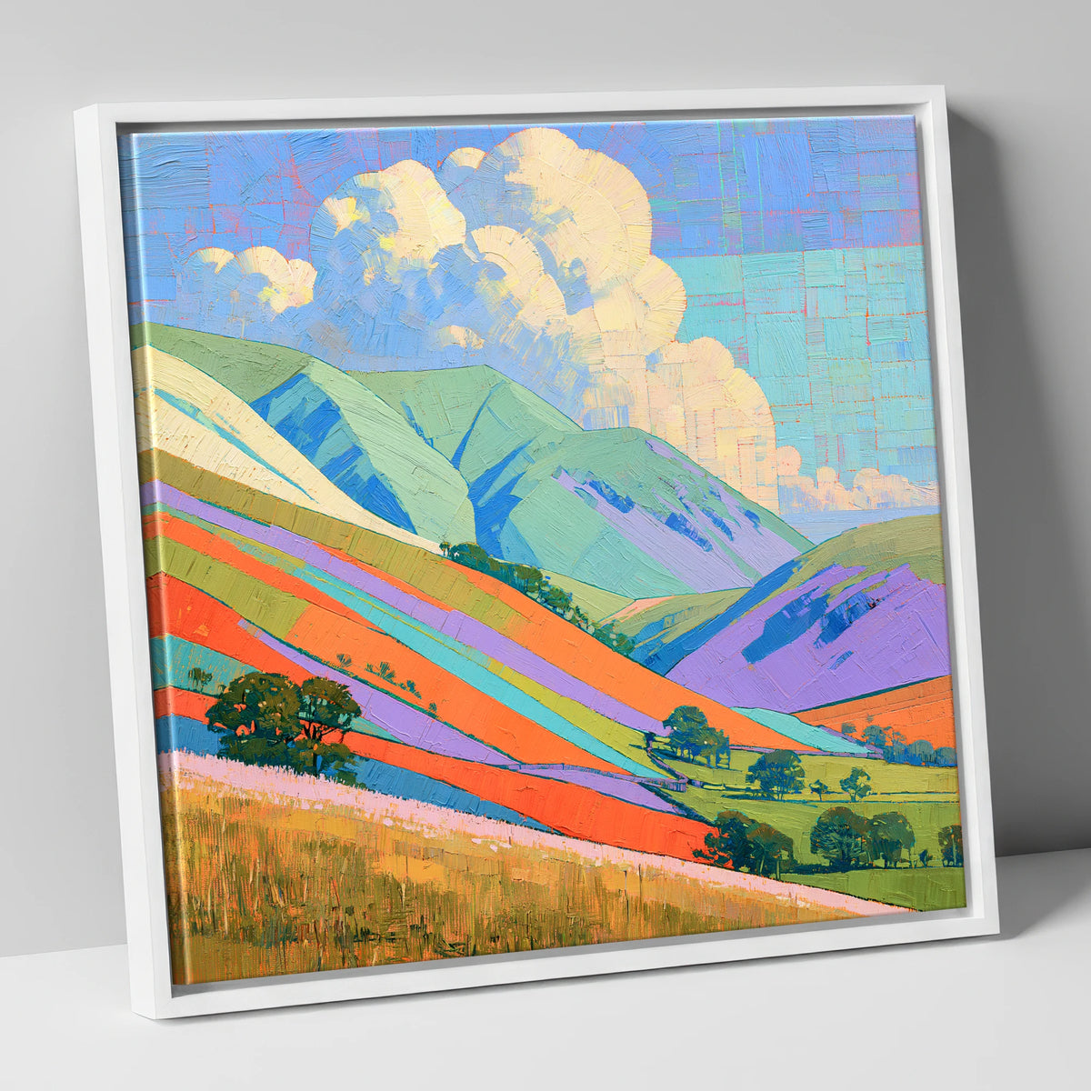 Vivid Colours on Rolling Fells lake district fell canvas wall art in white frame