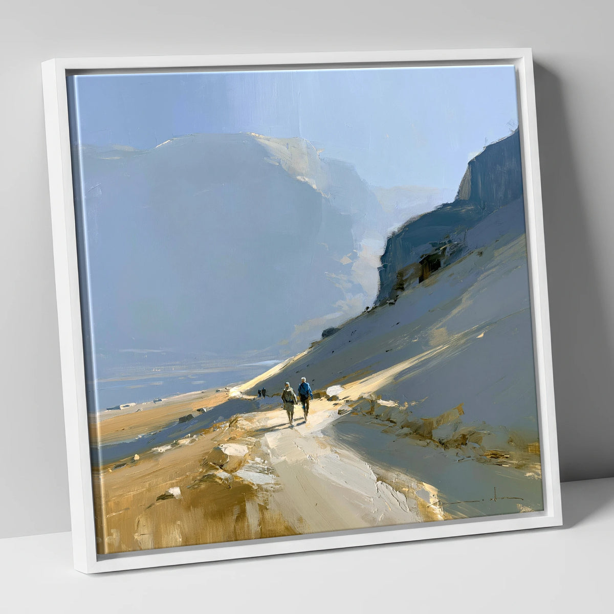 Walkers on a Golden Mountain Path lake district walking canvas wall art in white frame