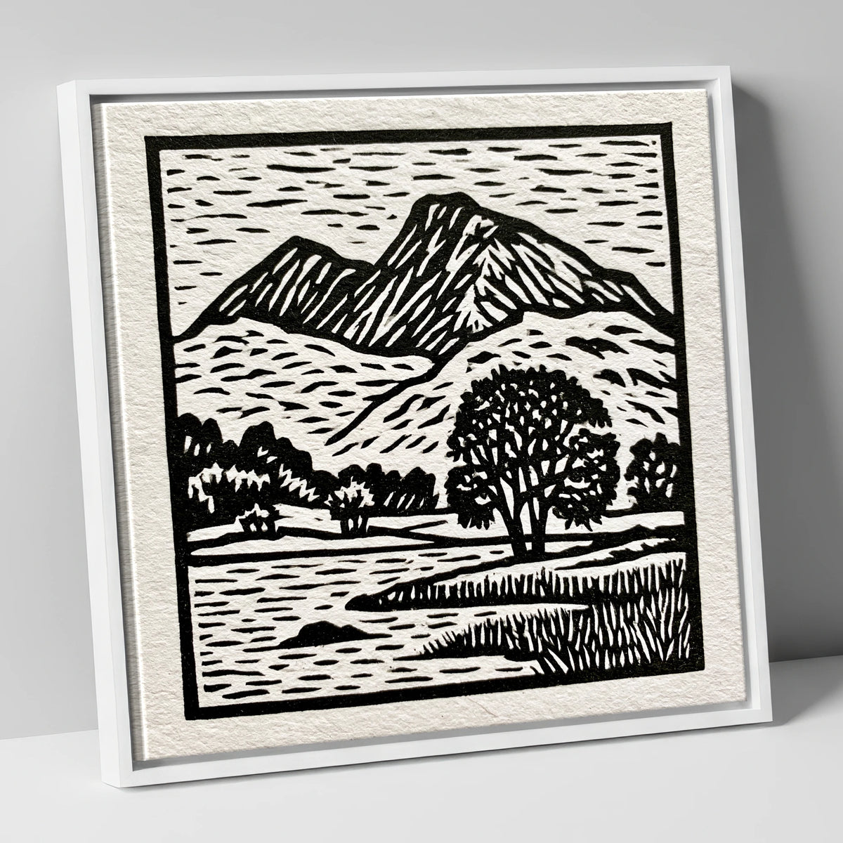 Monochrome Fells Over Grasmere lake district lake canvas wall art in white frame