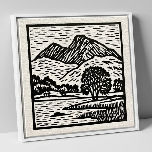 Monochrome Fells Over Grasmere lake district lake canvas wall art in white frame