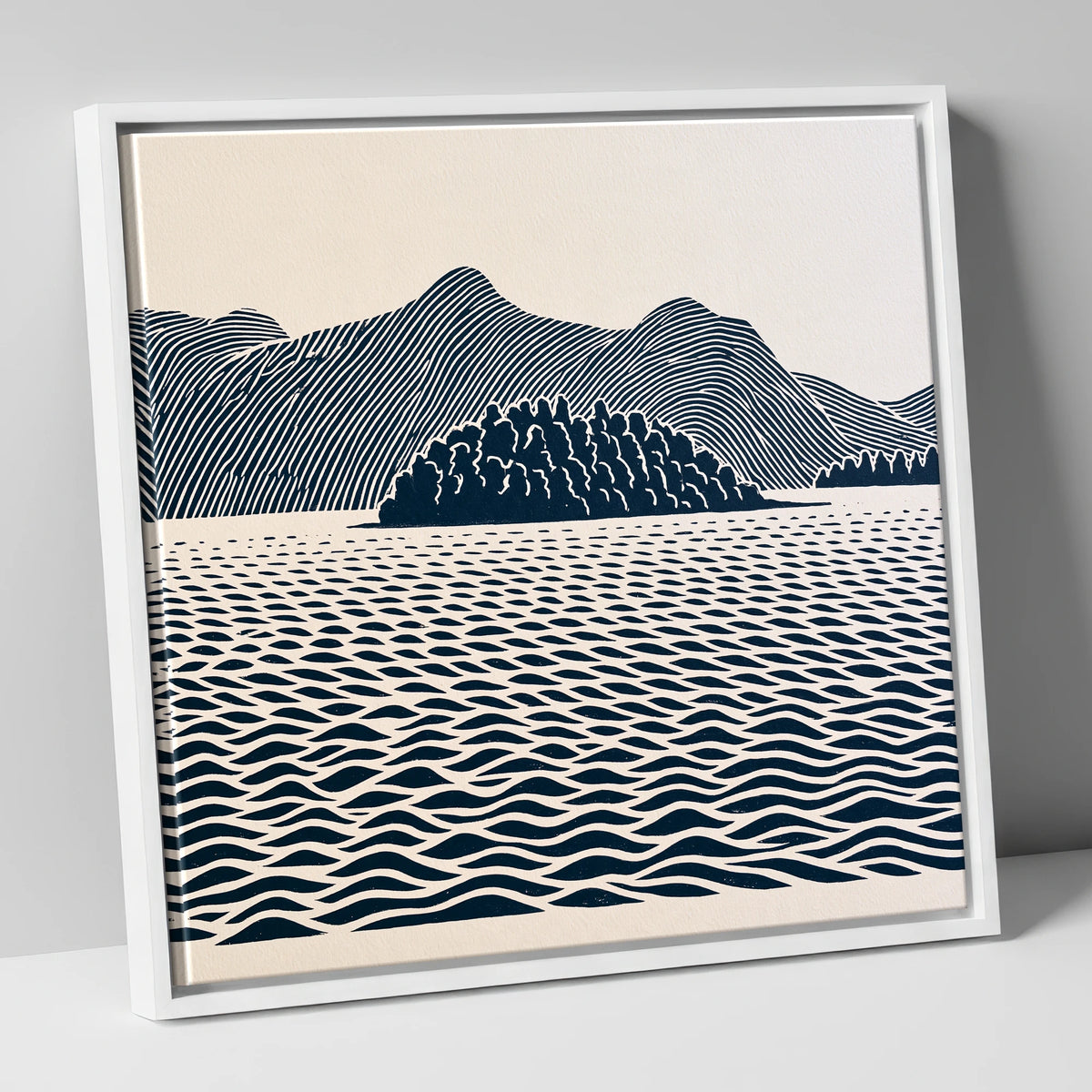 Derwentwater Island in Inky Blue lake district lake canvas wall art in white frame