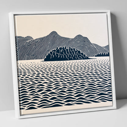Derwentwater Island in Inky Blue lake district lake canvas wall art in white frame
