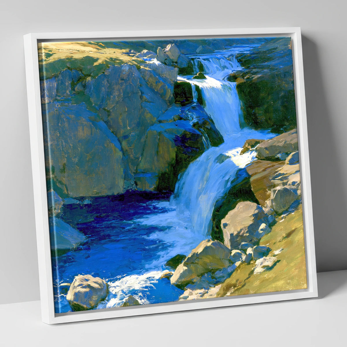Cascading Waterfall over Sunlit Rocks lake district waterfall canvas wall art in white frame