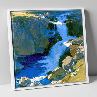 Cascading Waterfall over Sunlit Rocks lake district waterfall canvas wall art in white frame