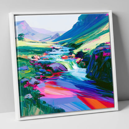 Vivid Fellside Beck Waterfall lake district waterfall canvas wall art in white frame