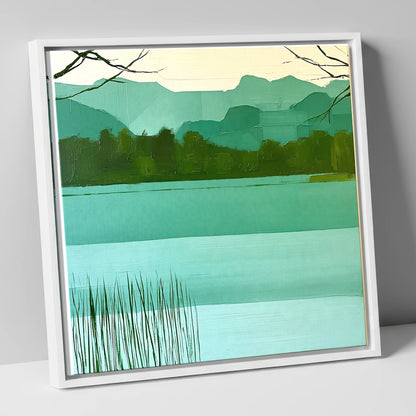 Teal Fells Above Elter Water lake district lake canvas wall art in white frame