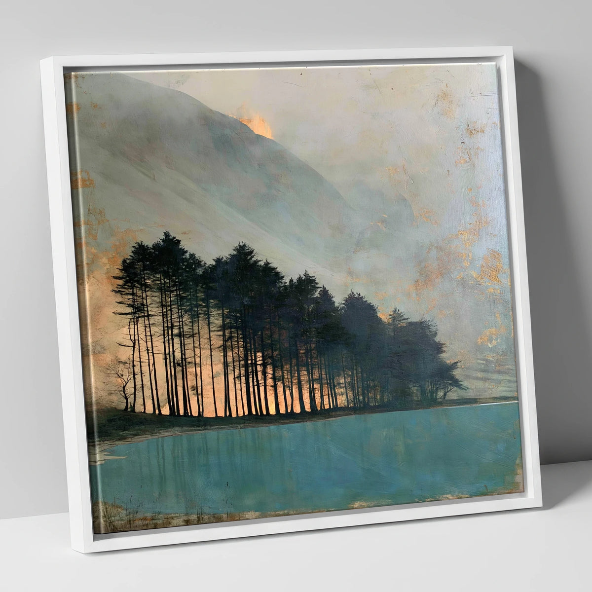 Silhouetted Pines at Buttermere lake district lake canvas wall art in white frame