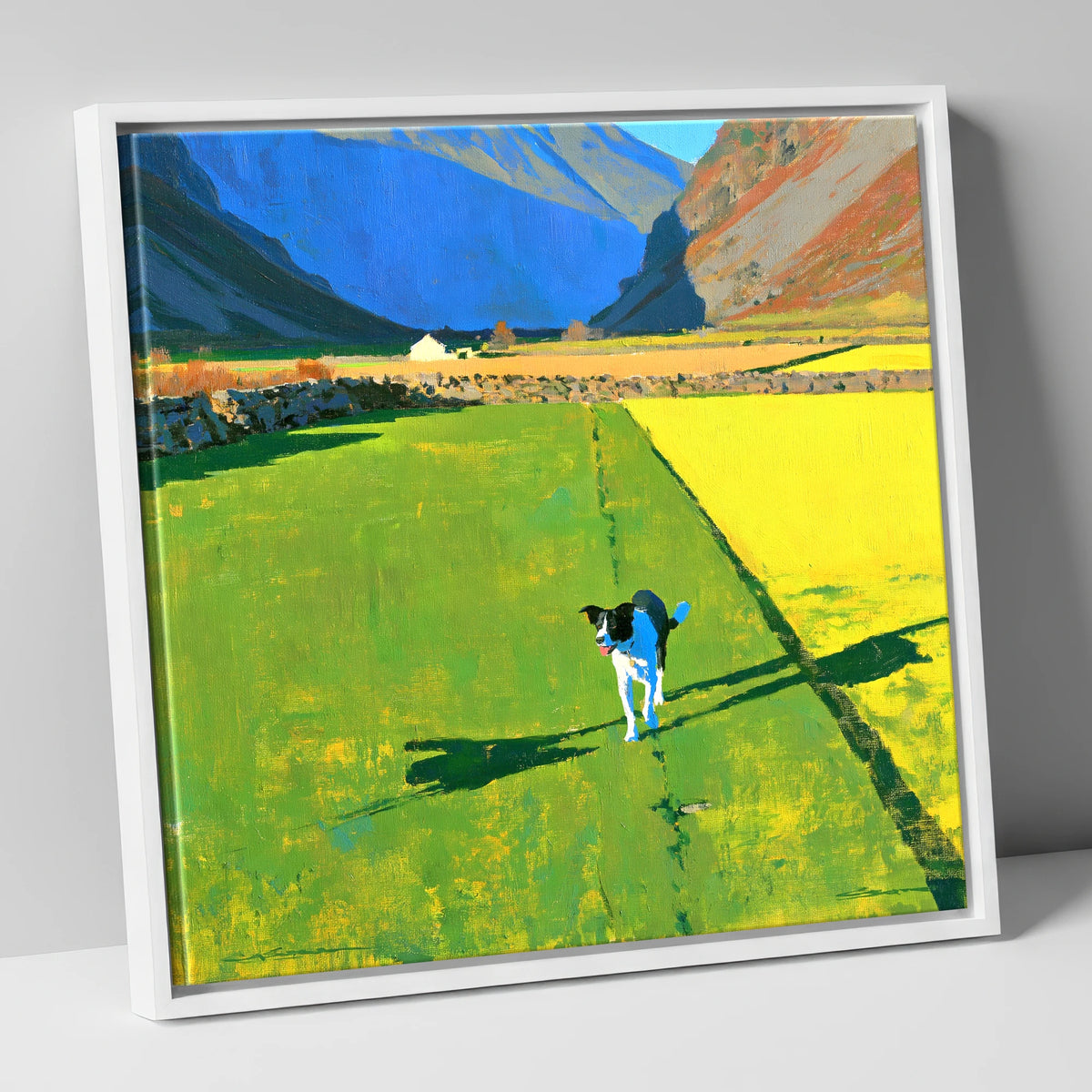 Sunlit Wasdale Valley Dog Walk gifts for dog walkers canvas wall art in white frame