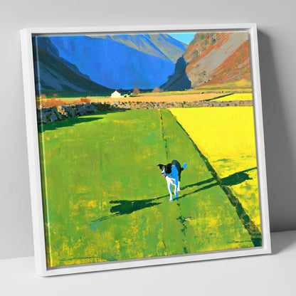 Sunlit Wasdale Valley Dog Walk gifts for dog walkers canvas wall art in white frame