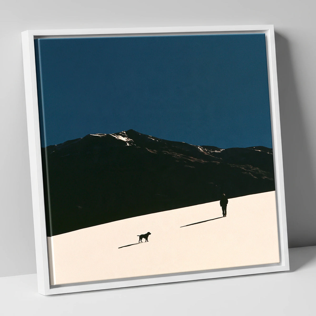Silhouetted Dog Walker on Skiddaw gifts for dog walkers canvas wall art in white frame