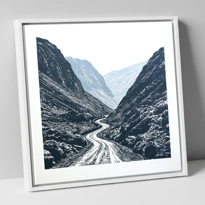 Honister Pass in Bold Navy lake district valley canvas wall art in white frame