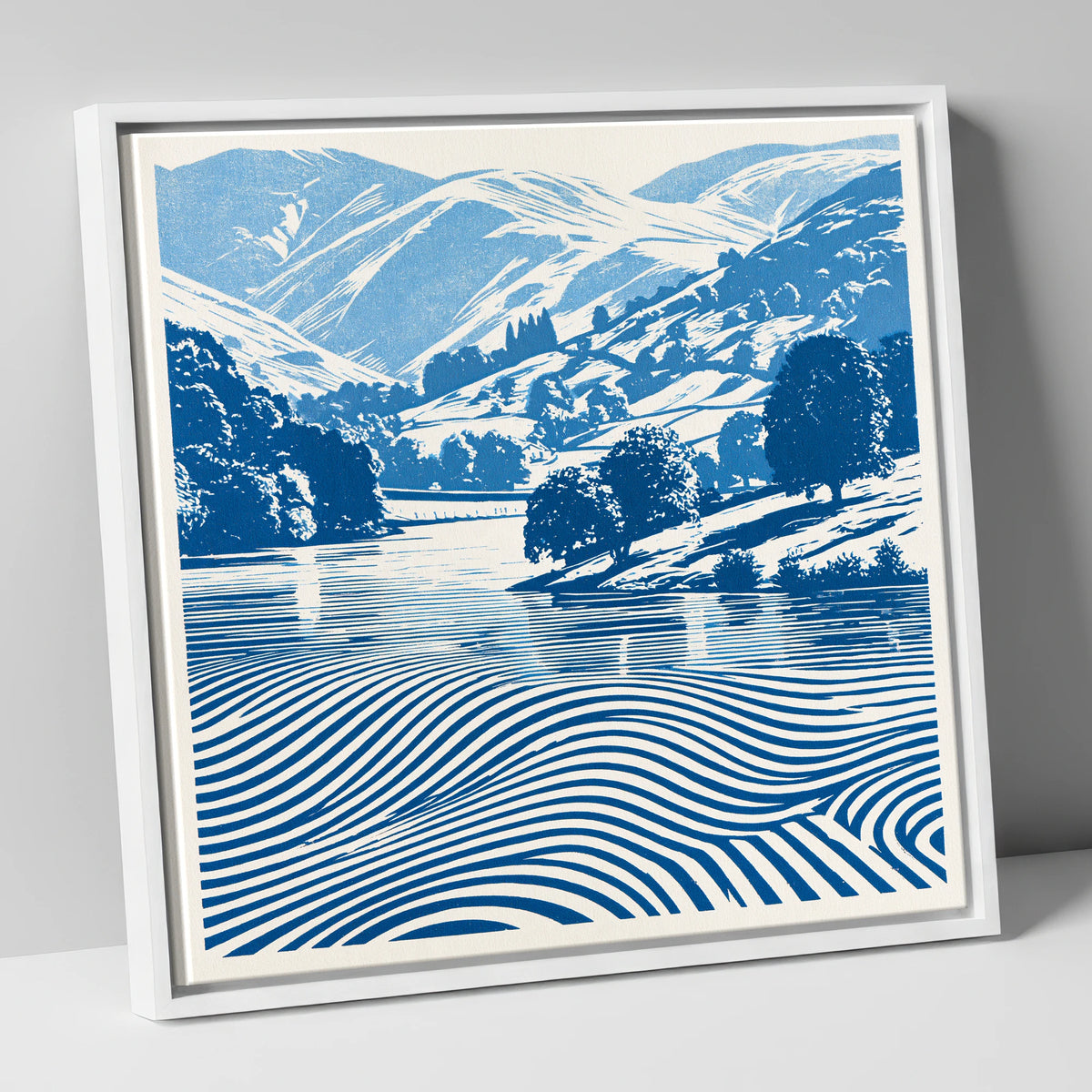 Grasmere in Cobalt Blue lake district lake canvas wall art in white frame